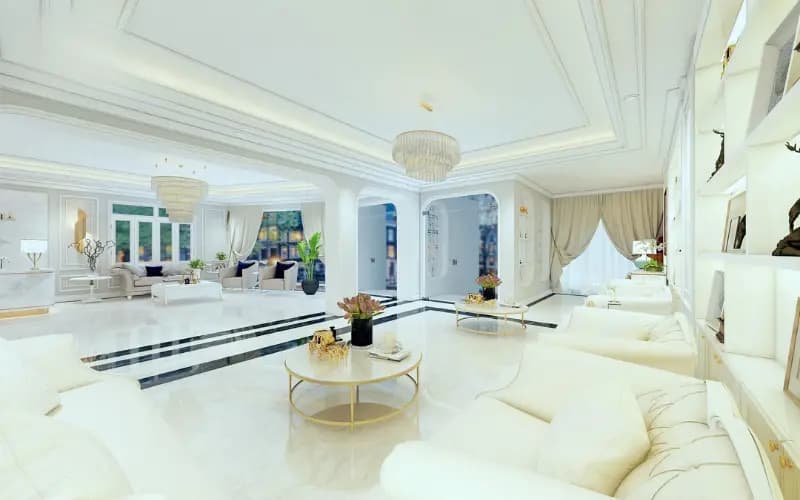 Phòng chờ cao cấp, thiết kế mở với đèn chùm lộng lẫy