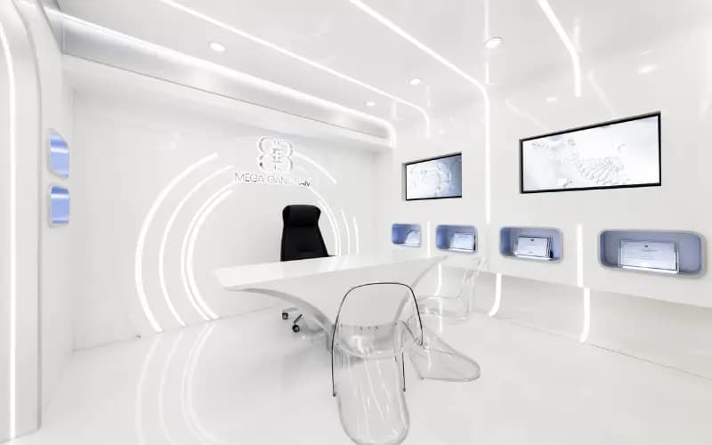 Phòng tư vấn trắng sáng, nội thất tương lai, ghế trong suốt